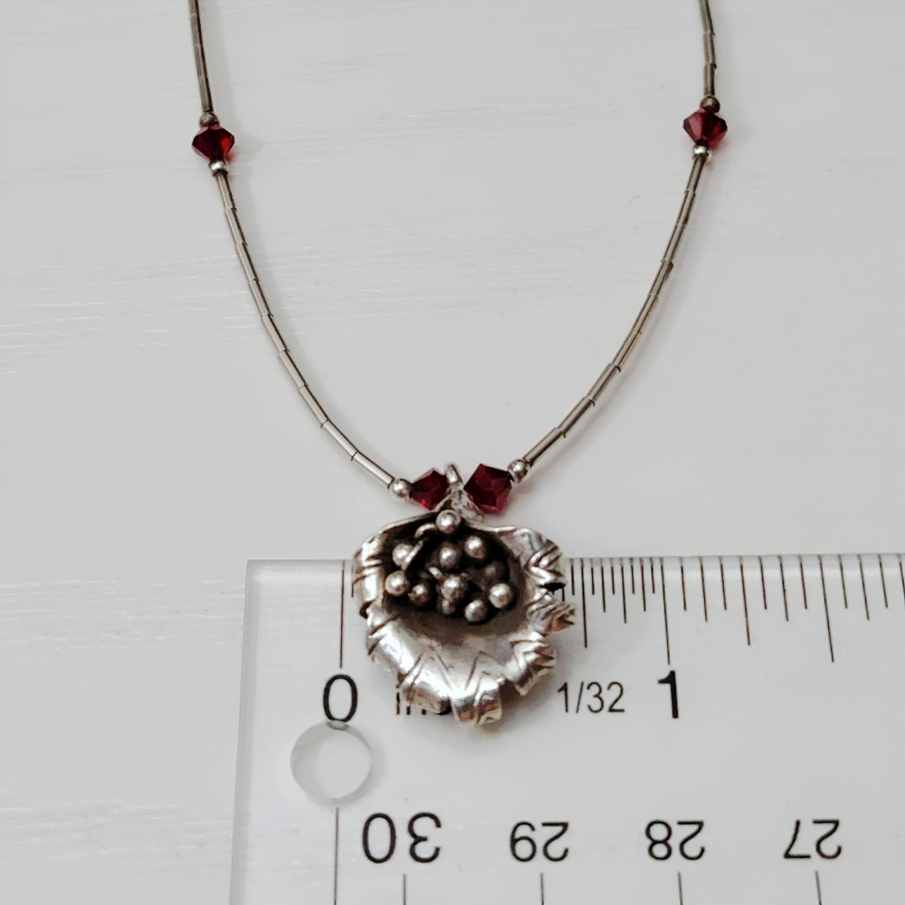 Southwestern Sterling Squash Blossom Liquid Silver Red Crystal Bead Necklace 16" - Picture 9 of 14